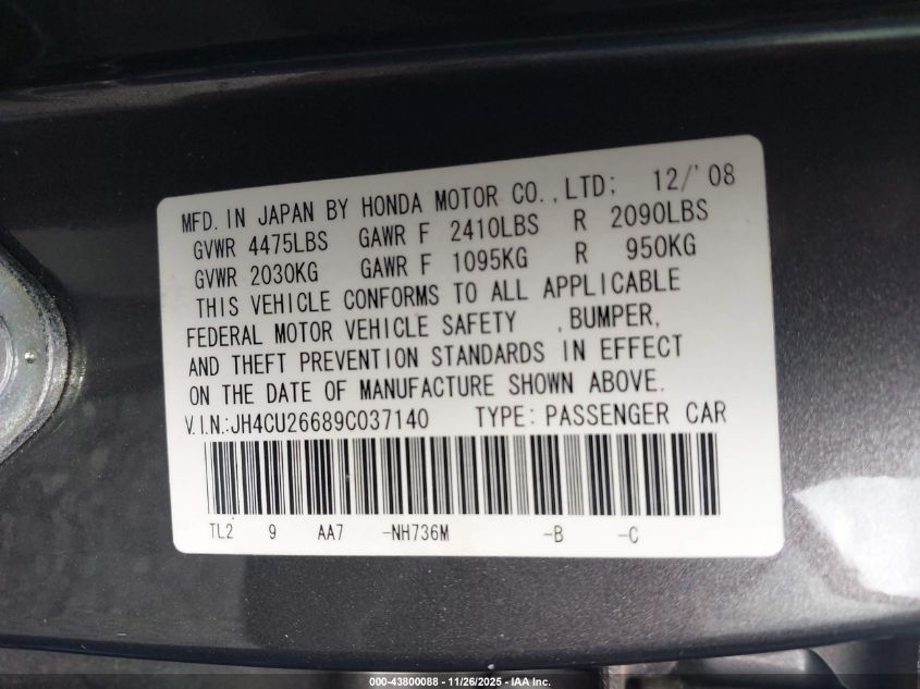 2009 Acura Tsx VIN: JH4CU26689C037140 Lot: 43800088