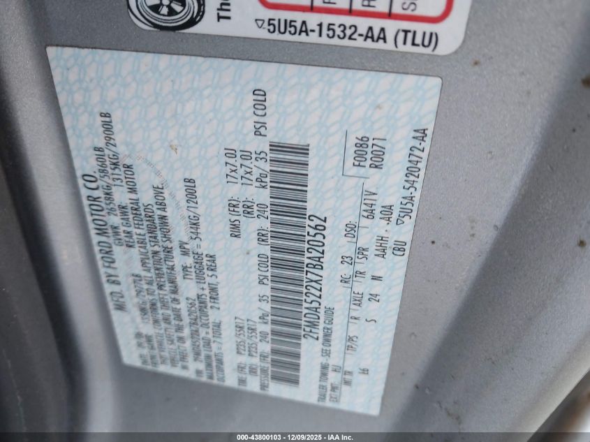 2007 Ford Freestar Sel VIN: 2FMDA522X7BA20562 Lot: 43800103