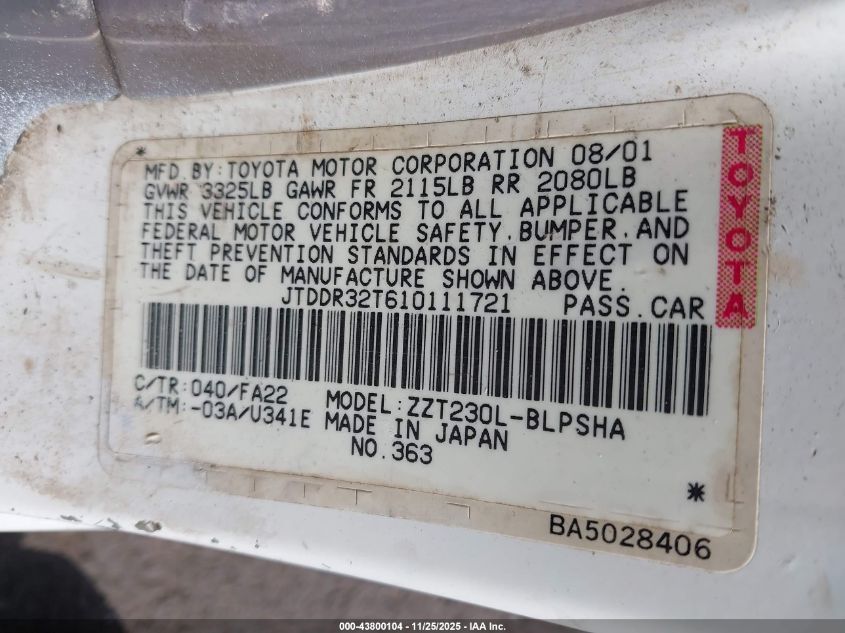 2001 Toyota Celica Gt VIN: JTDDR32T610111721 Lot: 43800104