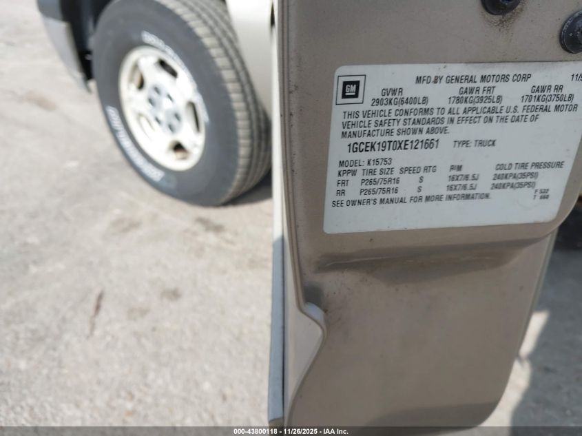 1999 Chevrolet Silverado 1500 Ls VIN: 1GCEK19T0XE121661 Lot: 43800118