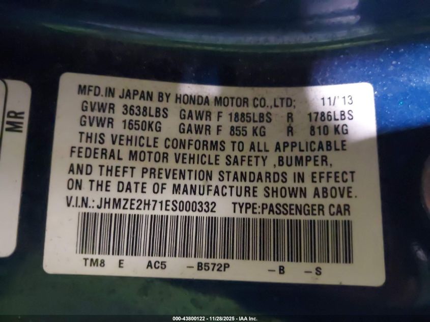 2014 Honda Insight Ex VIN: JHMZE2H71ES000332 Lot: 43800122