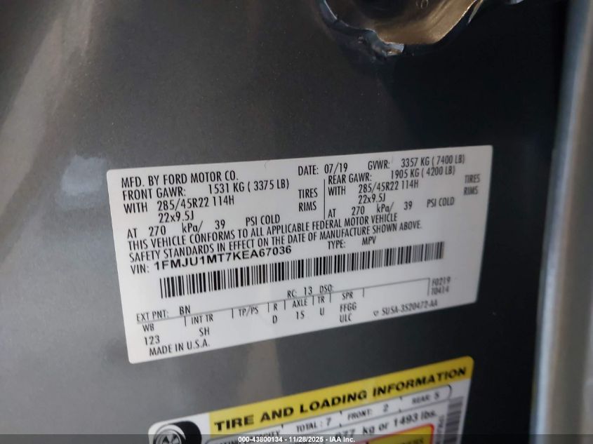 2019 Ford Expedition Platinum VIN: 1FMJU1MT7KEA67036 Lot: 43800134