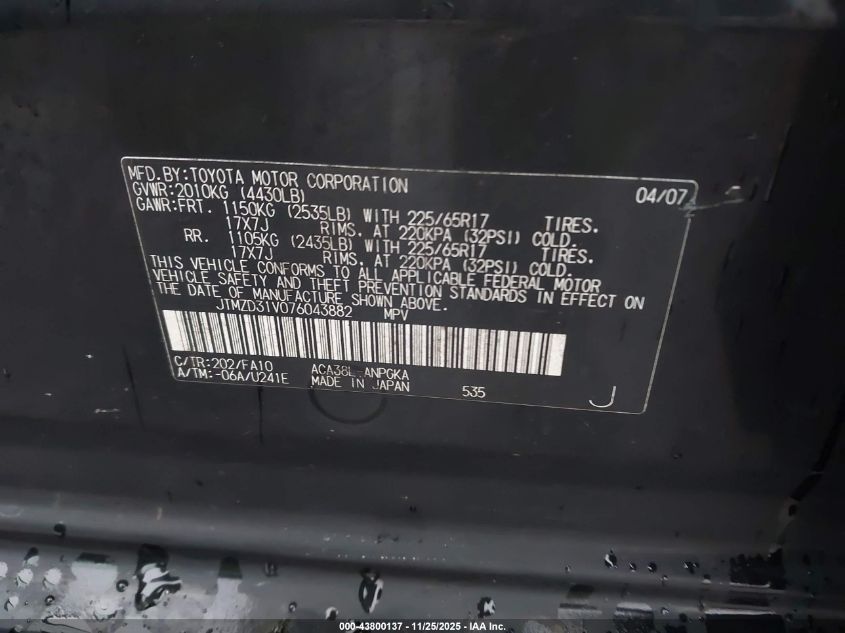 2007 Toyota Rav4 Limited VIN: JTMZD31V076043882 Lot: 43800137