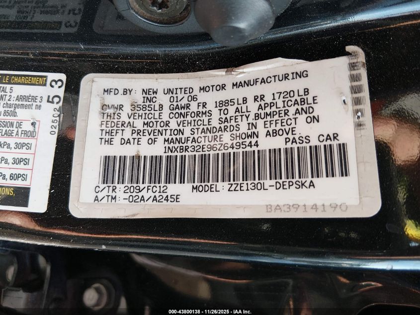 2006 Toyota Corolla S VIN: 1NXBR32E96Z649544 Lot: 43800138