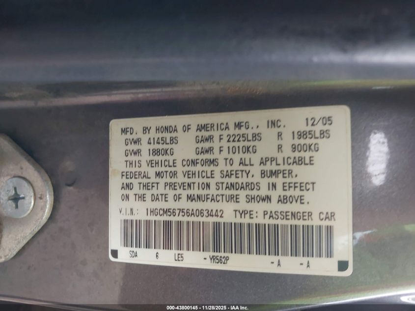 2006 Honda Accord Sdn 2.4 Ex/Ex VIN: 1HGCM56756A063442 Lot: 43800145