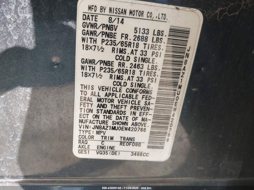 2014 Nissan Murano S VIN: JN8AZ1MU0EW420766 Lot: 43800148