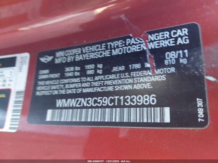 2012 Mini Cooper VIN: WMWZN3C59CT133986 Lot: 43800157