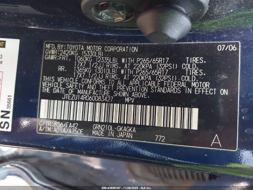 2006 Toyota 4Runner Sr5 V6 VIN: JTEZU14R060083427 Lot: 43800167