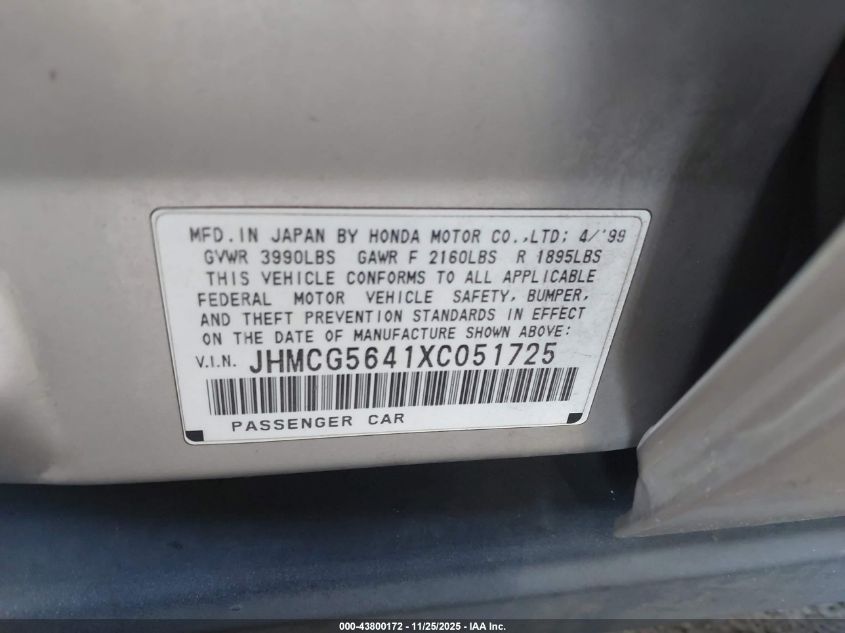 1999 Honda Accord Lx VIN: JHMCG5641XC051725 Lot: 43800172