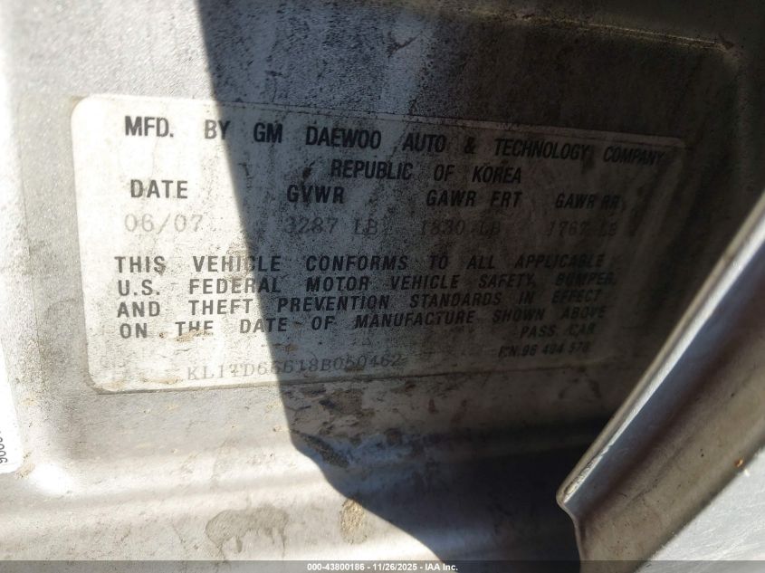 2008 Chevrolet Aveo 5 Ls VIN: KL1TD66618B050462 Lot: 43800186