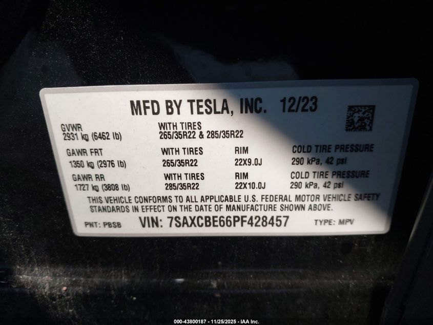 2023 Tesla Model X Plaid Tri Motor All-Wheel Drive VIN: 7SAXCBE66PF428457 Lot: 43800187