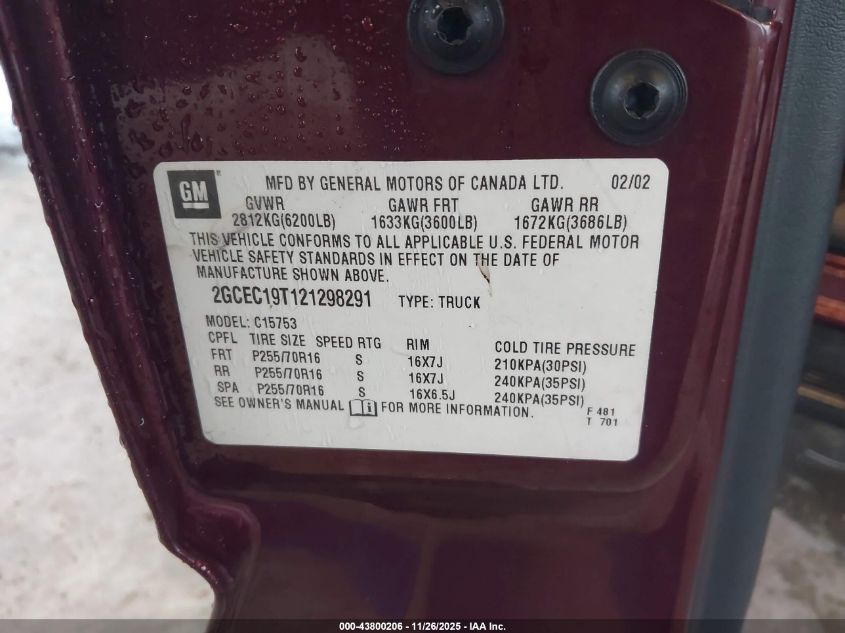 2002 Chevrolet Silverado 1500 Ls VIN: 2GCEC19T121298291 Lot: 43800206