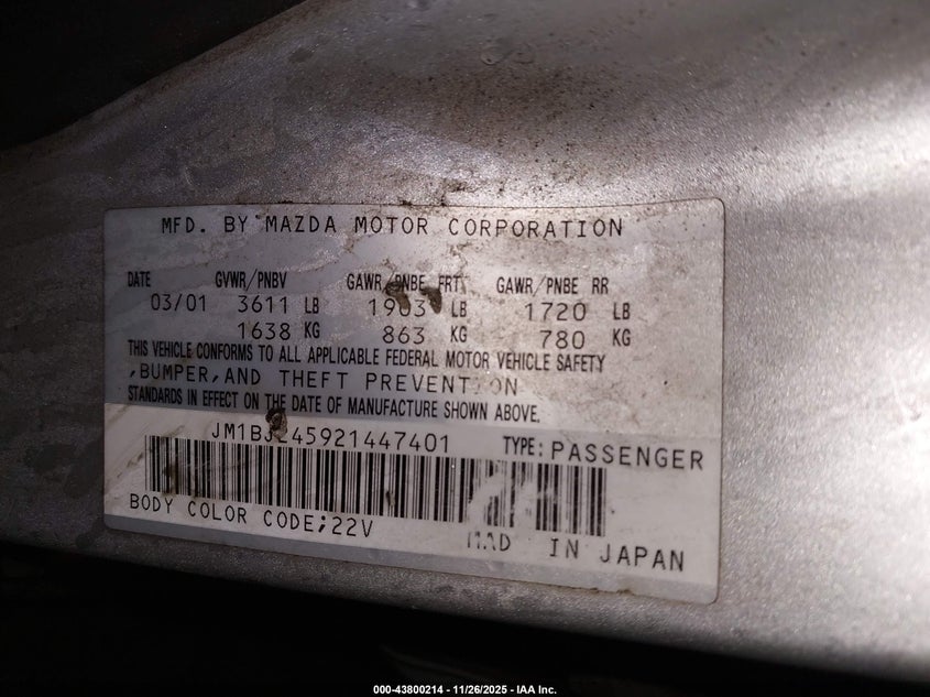 2002 Mazda Protege5 VIN: JM1BJ245921447401 Lot: 43800214