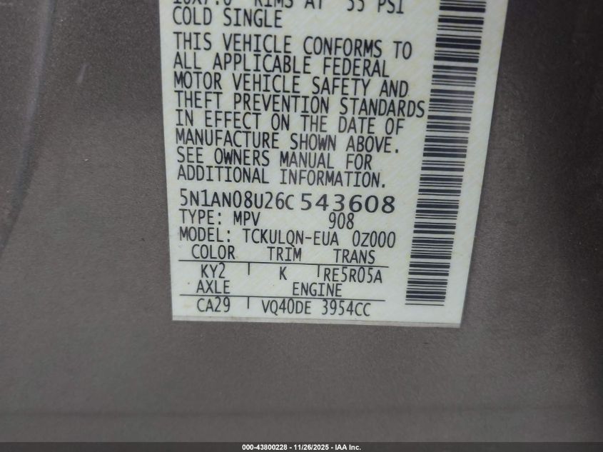 2006 Nissan Xterra X VIN: 5N1AN08U26C543608 Lot: 43800228