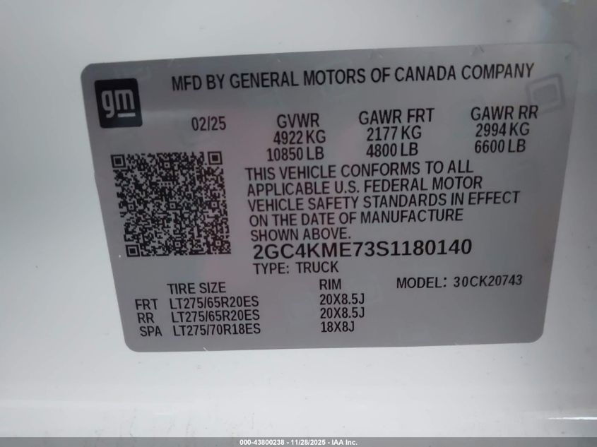 2025 Chevrolet Silverado 2500Hd 4Wd Standard Bed Custom VIN: 2GC4KME73S1180140 Lot: 43800238