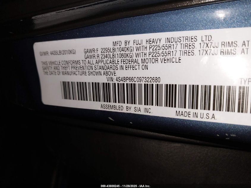 2009 Subaru Outback 2.5I Limited VIN: 4S4BP66C097322680 Lot: 43800245