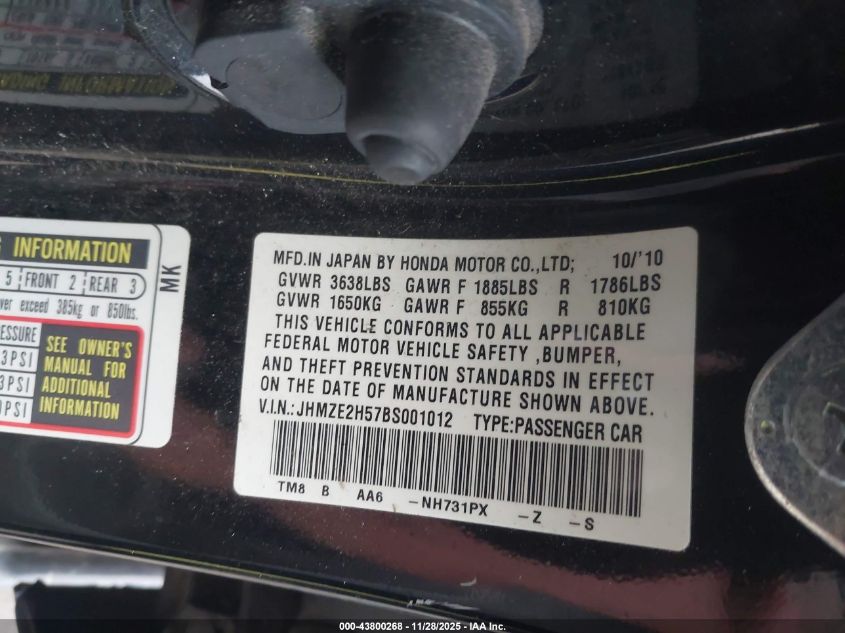 2011 Honda Insight Lx VIN: JHMZE2H57BS001012 Lot: 43800268