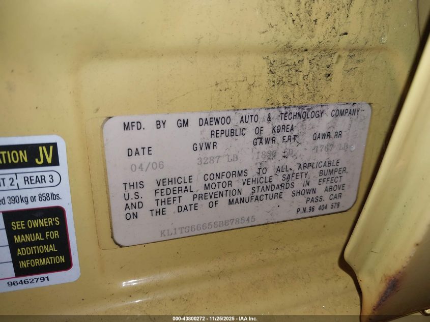 2006 Chevrolet Aveo Lt VIN: KL1TG66656B678545 Lot: 43800272