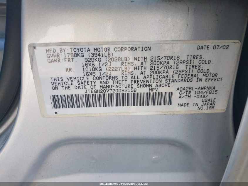 2002 Toyota Rav4 VIN: JTEGH20V720082158 Lot: 43800292