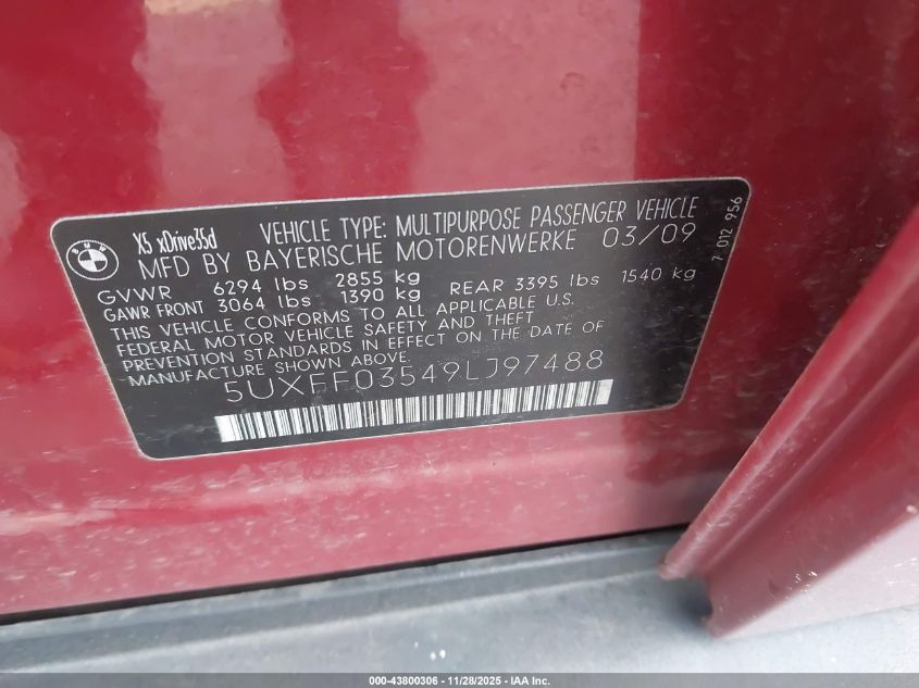2009 BMW X5 xDrive35D VIN: 5UXFF03549LJ97488 Lot: 43800306