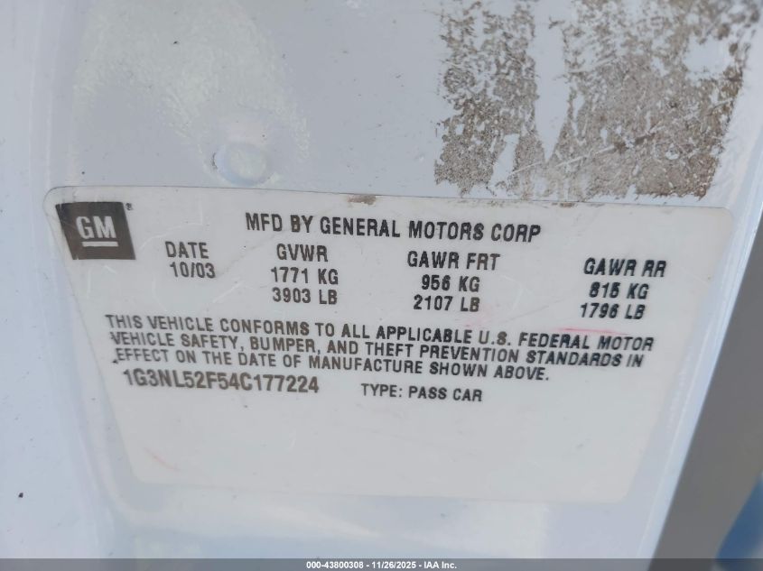 2004 Oldsmobile Alero Gl1 VIN: 1G3NL52F54C177224 Lot: 43800308