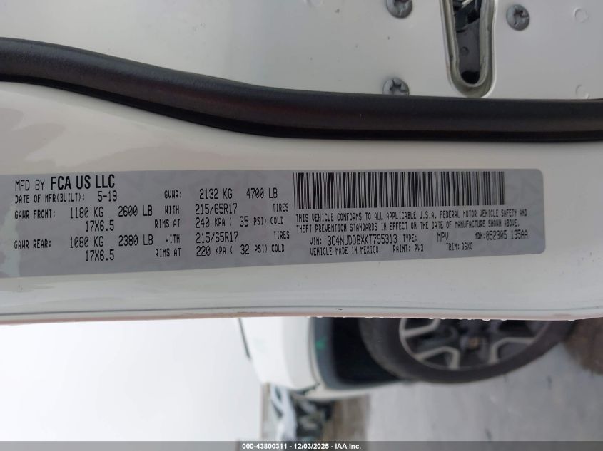 2019 Jeep Compass Trailhawk 4X4 VIN: 3C4NJDDBXKT795313 Lot: 43800311