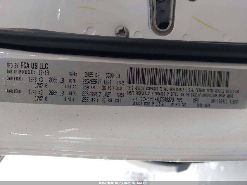 2020 Jeep Cherokee Latitude 4X4 VIN: 1C4PJMCX4LD549273 Lot: 43800313