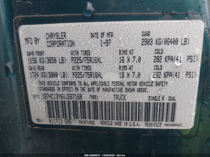1997 Dodge Ram 1500 St VIN: 1B7HC13Y6VJ567168 Lot: 43800331