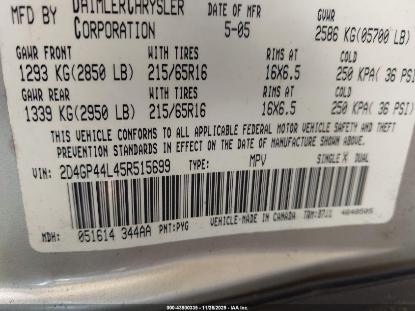 2005 Dodge Grand Caravan Sxt VIN: 2D4GP44L45R515699 Lot: 43800335