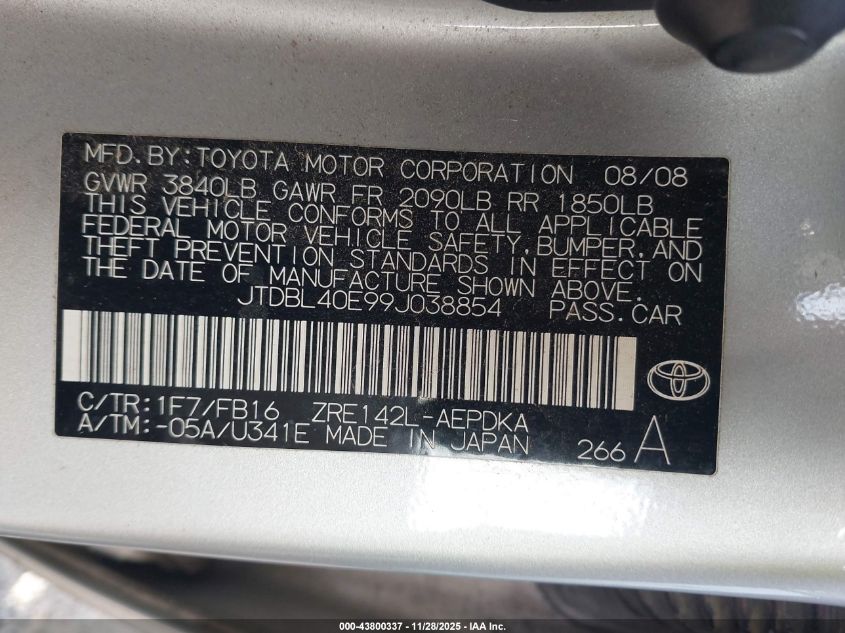 2009 Toyota Corolla Le VIN: JTDBL40E99J038854 Lot: 43800337