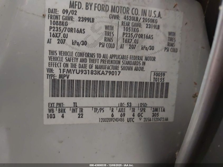 2003 Ford Escape Xlt VIN: 1FMYU93183KA79017 Lot: 43800339