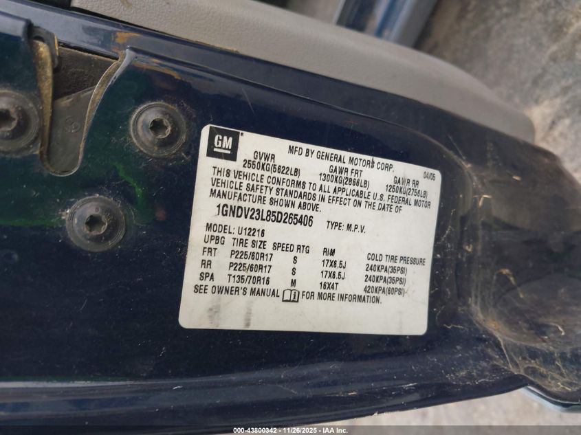 2005 Chevrolet Uplander Ls VIN: 1GNDV23L85D265406 Lot: 43800342