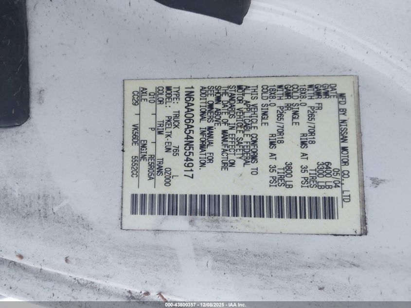 2004 Nissan Titan Se VIN: 1N6AA06A54N554917 Lot: 43800357