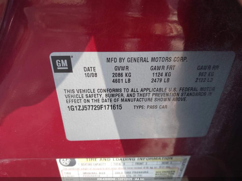 2009 Chevrolet Malibu Lt VIN: 1G1ZJ57729F171615 Lot: 43800368