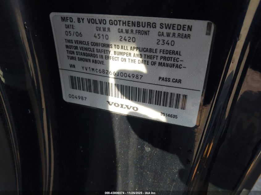 2006 Volvo C70 T5 VIN: YV1MC68266J004987 Lot: 43800374