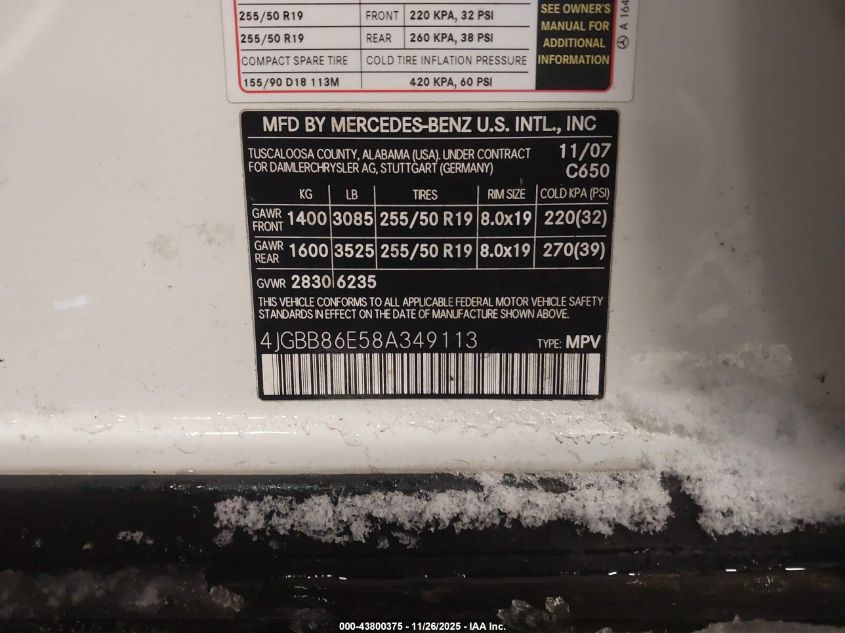 2008 Mercedes-Benz Ml 350 4Matic VIN: 4JGBB86E58A349113 Lot: 43800375