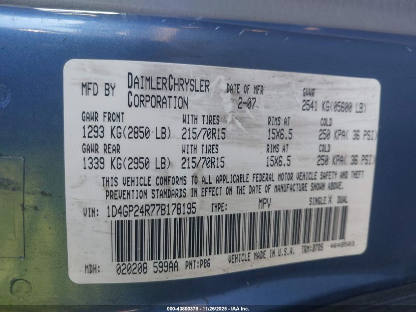 2007 Dodge Grand Caravan Se VIN: 1D4GP24R77B178195 Lot: 43800378