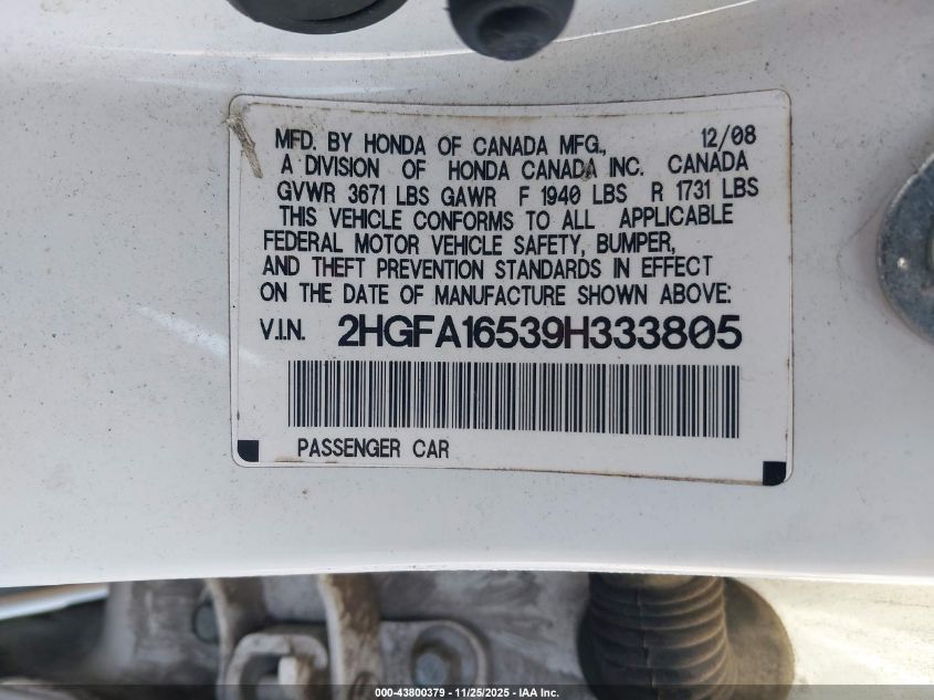 2009 Honda Civic Lx VIN: 2HGFA16539H333805 Lot: 43800379