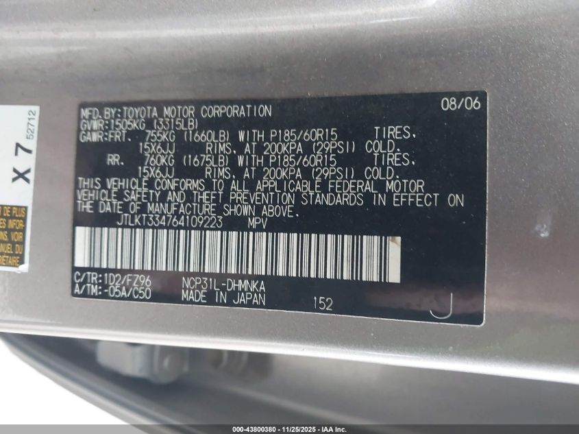 2006 Scion Xb VIN: JTLKT334764109223 Lot: 43800380