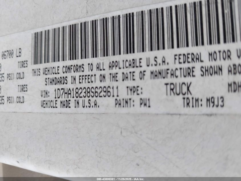 2008 Dodge Ram 1500 Slt VIN: 1D7HA18238S629611 Lot: 43800381