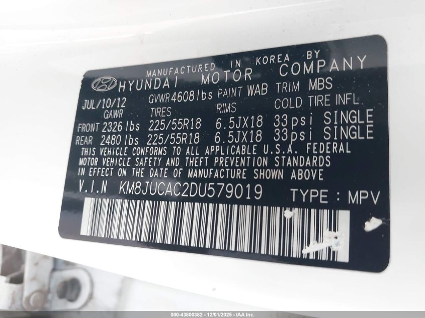 2013 Hyundai Tucson Limited VIN: KM8JUCAC2DU579019 Lot: 43800382