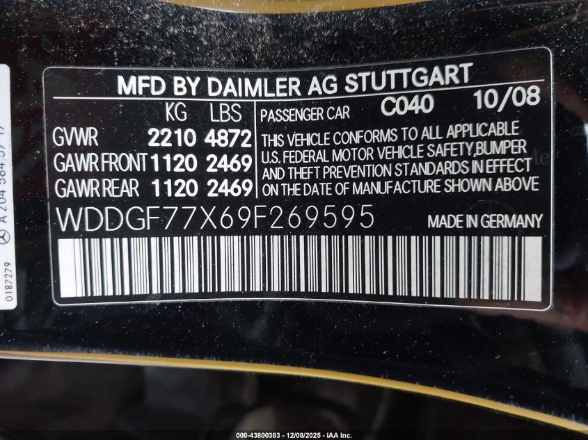 2009 Mercedes-Benz C 63 Amg VIN: WDDGF77X69F269595 Lot: 43800383