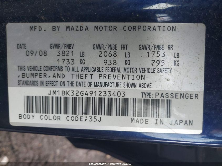 2009 Mazda Mazda3 I VIN: JM1BK32G491233403 Lot: 43800407