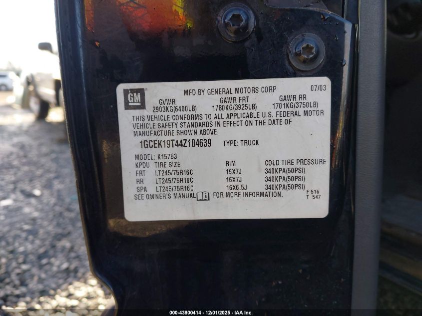 2004 Chevrolet Silverado 1500 Lt VIN: 1GCEK19T44Z104639 Lot: 43800414