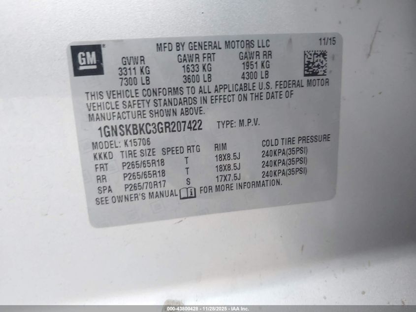 2016 Chevrolet Tahoe Lt VIN: 1GNSKBKC3GR207422 Lot: 43800428