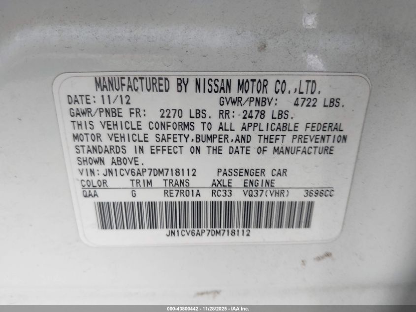 2013 Infiniti G37 Journey VIN: JN1CV6AP7DM718112 Lot: 43800442