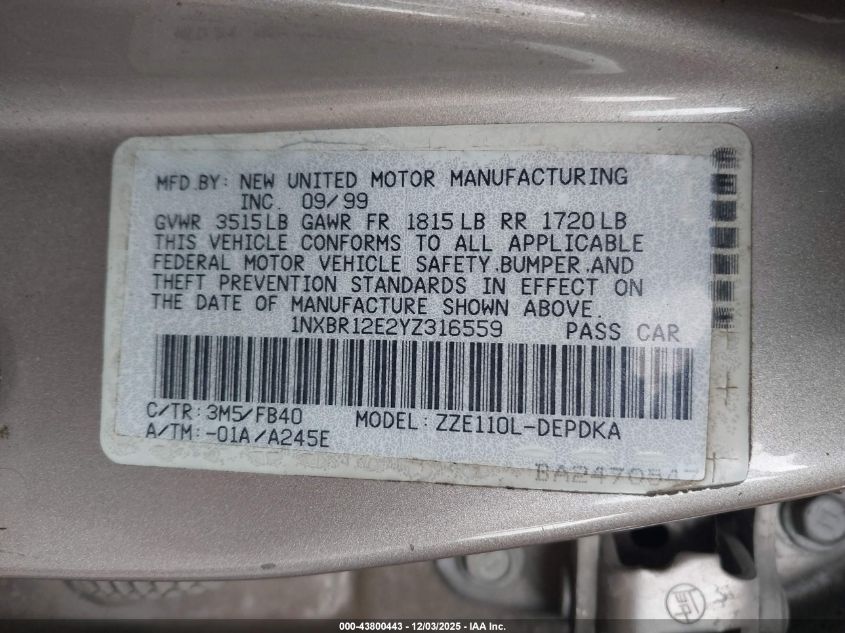 2000 Toyota Corolla Ce VIN: 1NXBR12E2YZ316559 Lot: 43800443