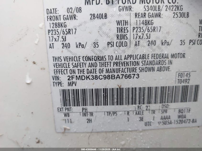 2008 Ford Edge Sel VIN: 2FMDK38C98BA76673 Lot: 43800446