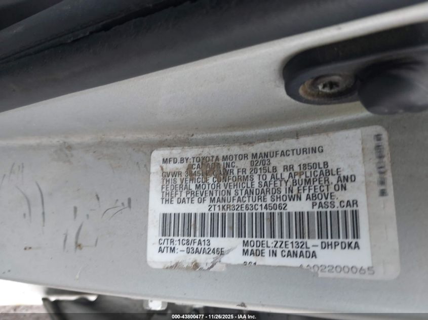 2003 Toyota Matrix Standard VIN: 2T1KR32E63C145062 Lot: 43800477