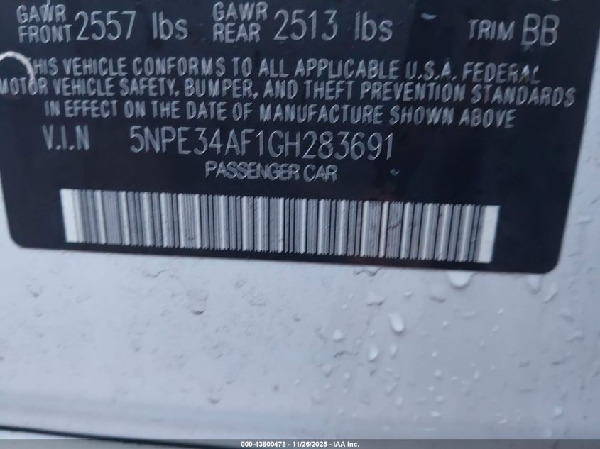 2016 Hyundai Sonata Limited VIN: 5NPE34AF1GH283691 Lot: 43800478